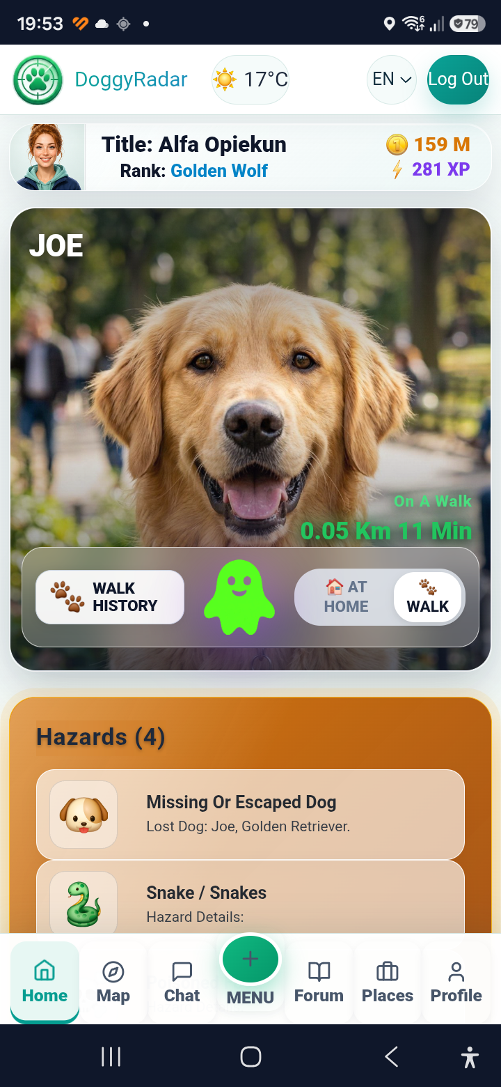 DoggyRadar Home module shown on a real Android phone