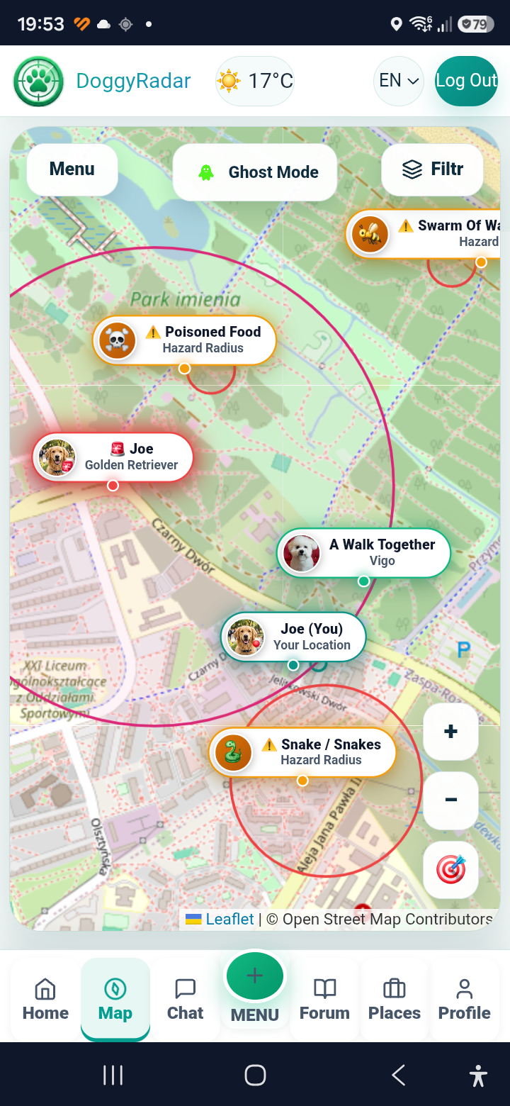 DoggyRadar map with active markers