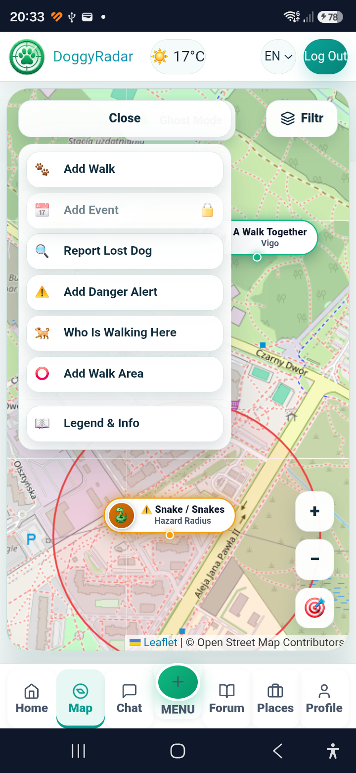 DoggyRadar quick map menu