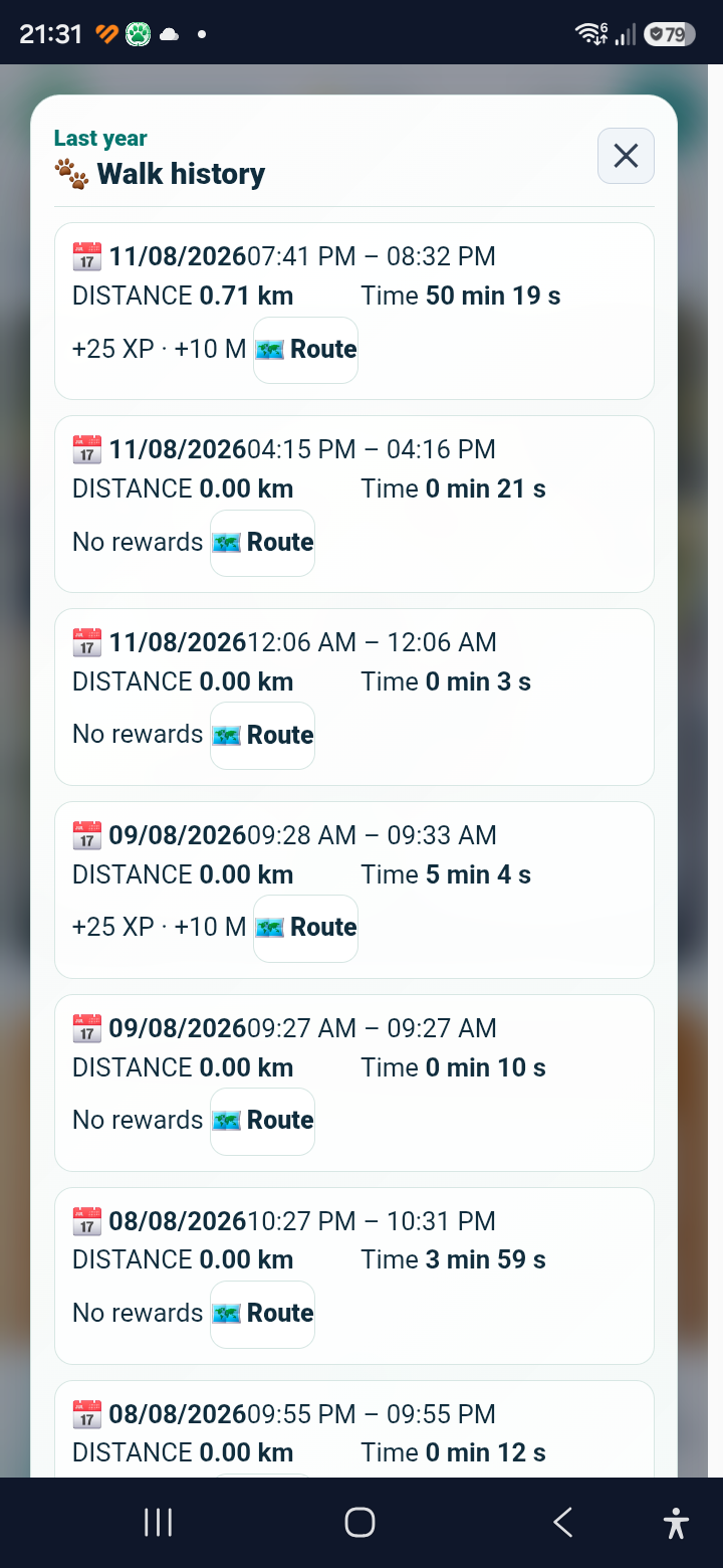 Current DoggyRadar walk history shown on a phone